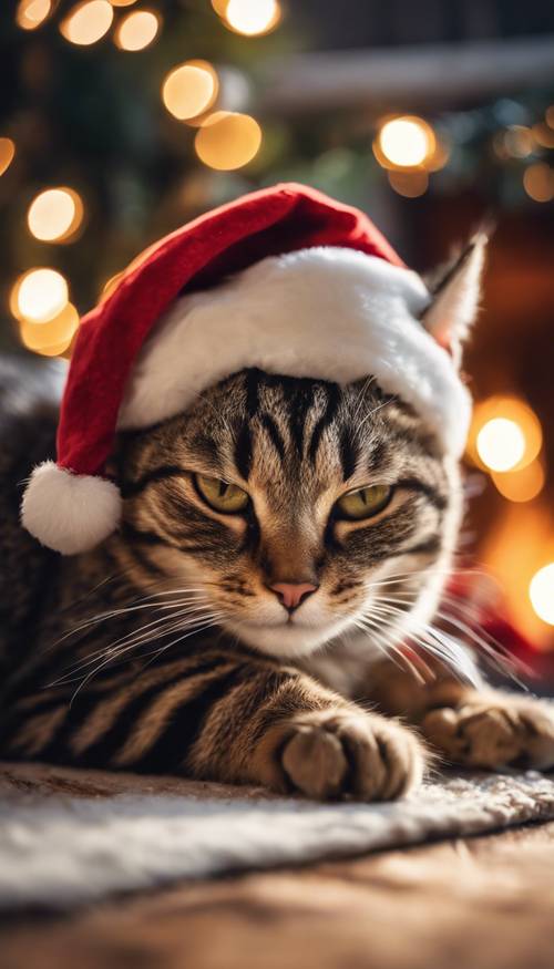 A cute tabby cat with Santa's hat sleeping by a warm log fire.