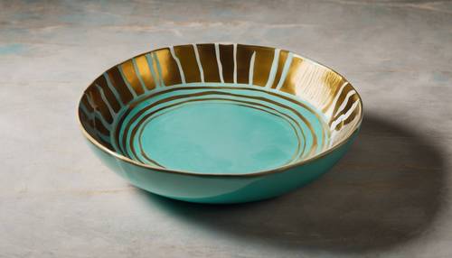 Ręcznie malowany talerz ceramiczny w odważne złote paski na turkusowym tle.