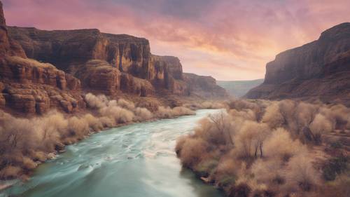 A canyon with a river running through it under a pastel sky, with the quote 'Nature does not hurry, yet everything is accomplished.'