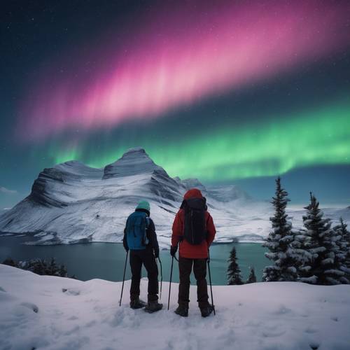 Туристы стоят на вершине заснеженной горы на фоне яркого северного сияния, освещающего полуночное небо.