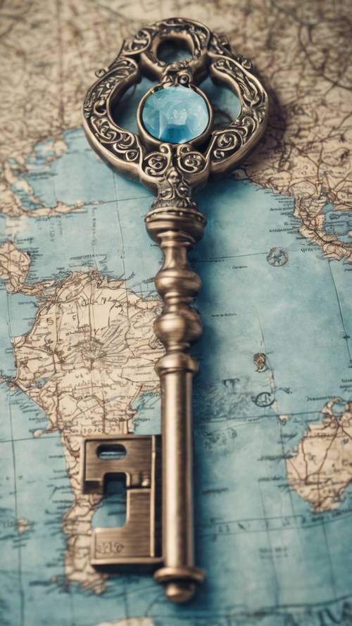 Ein rustikaler pastellblauer Zierschlüssel, der auf einer alten Weltkarte liegt.
