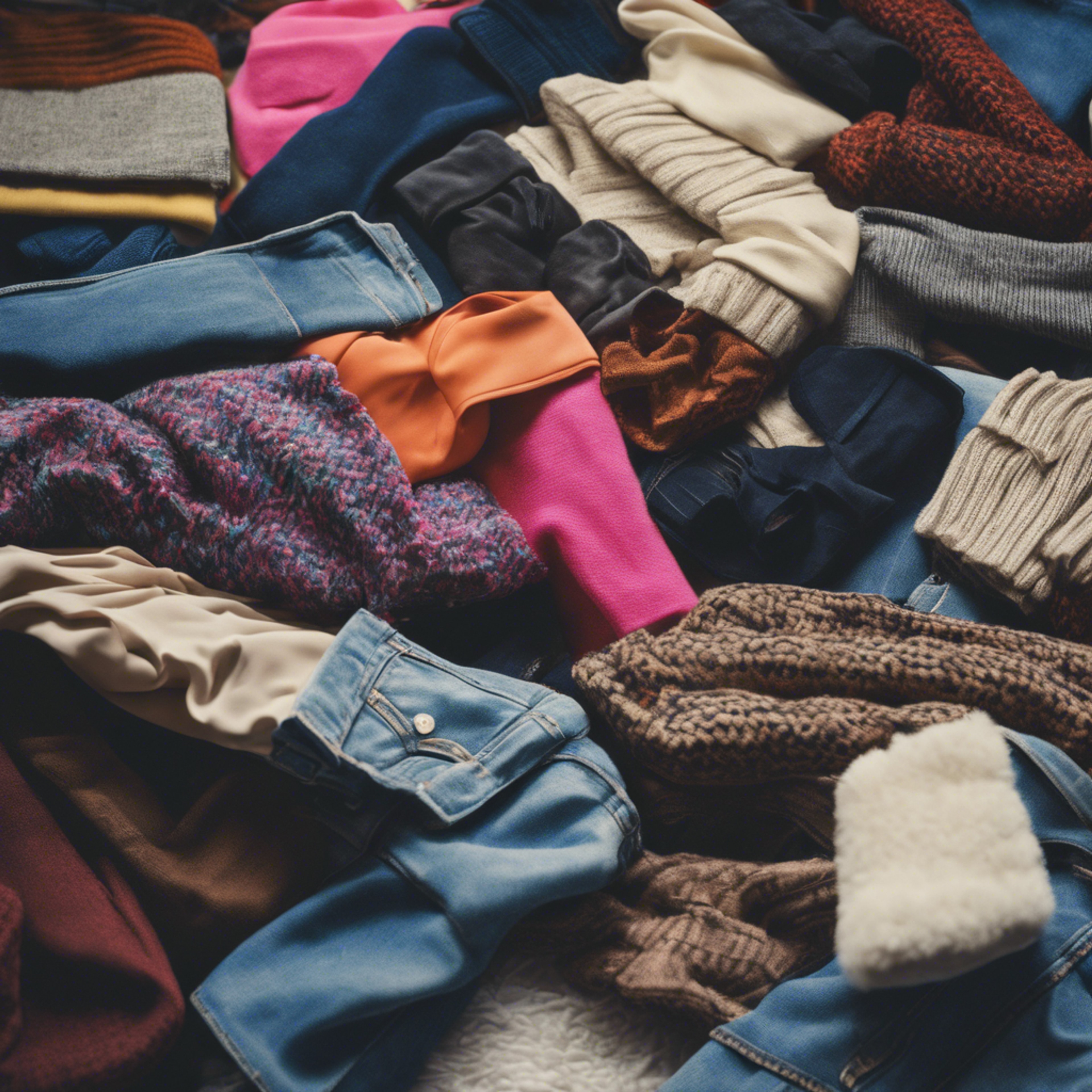 A pile of iconic 80s fashions such as leg warmers, oversized blazers, and high-waisted jeans. Tapeet[dbd69f645b7844d6a4c4]