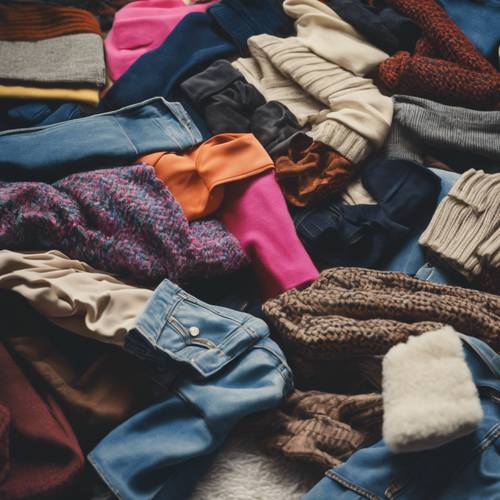 A pile of iconic 80s fashions such as leg warmers, oversized blazers, and high-waisted jeans.