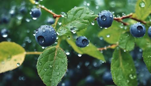 夏季小陣雨過後，藍莓葉子上的雨滴。
