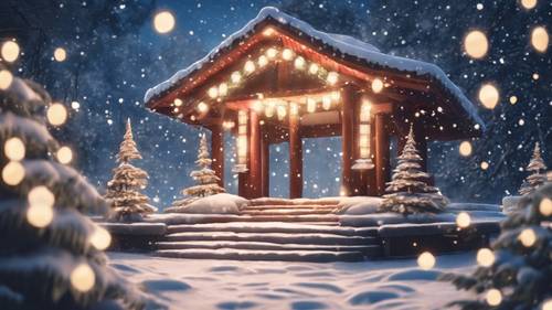 Przedstawienie w stylu anime przedstawiające pokrytą śniegiem świątynię z migoczącymi lampkami bożonarodzeniowymi.