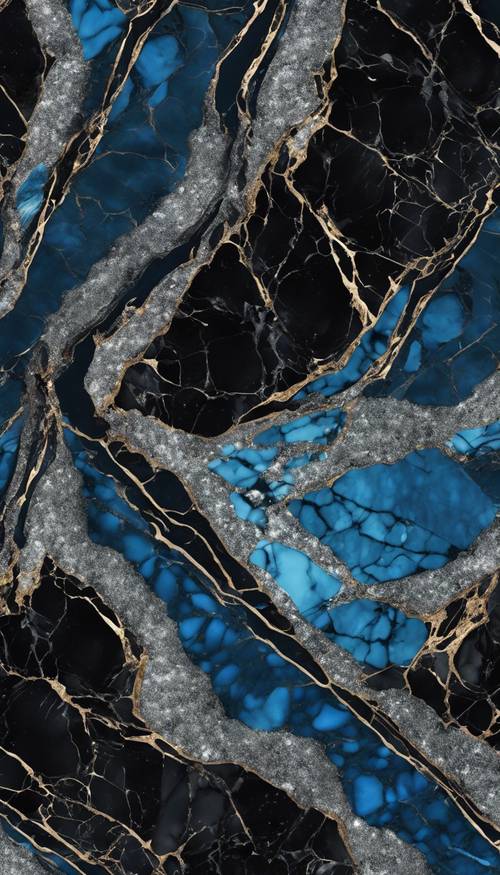 Pırıltılı mavi damarlarla cömertçe süslenmiş siyah mermerin replikasyonuyla zarif bir estetik elde ediliyor.