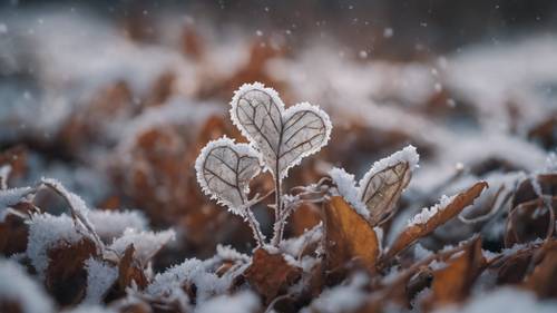 Eine sterbende, herzförmige Pflanze in einem einsamen Garten, verwelkt vom Frost.