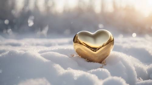 一顆有光澤的心形金屬漸層色，從金到銀，坐落在雪景上，反射著柔和的光線。