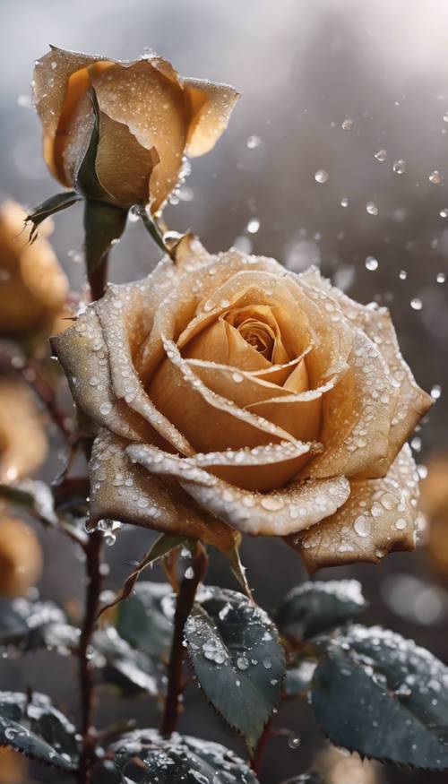 Złote róże kwitnące w zimowy poranek z kroplami rosy na płatkach