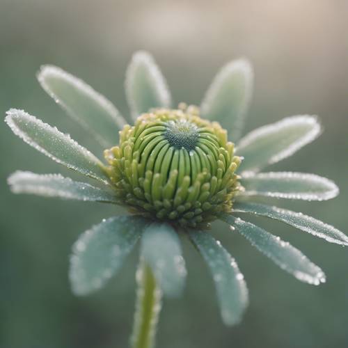 Macro shot of a sage green daisy just beginning to bloom, wrapped in morning mist. Tapeta [729ab6891b694efcbd6c]