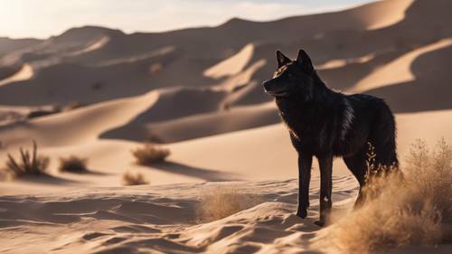 A lone black wolf in the desert under a blazing sun.