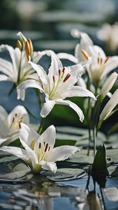 A serene scene of white lilies floating on a calm pond.