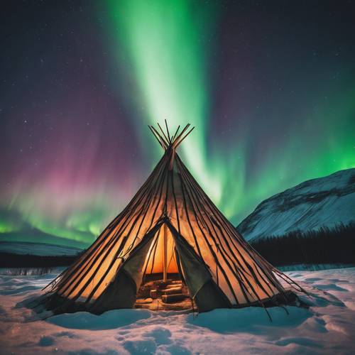 Традиционная саамская палатка под небом, наполненным захватывающим зрелищем северного сияния.