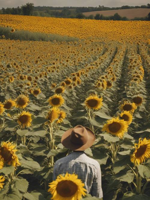 Para petani bekerja keras di ladang bunga matahari mereka, panorama keemasan melambangkan jantung bulan Juni di lanskap pedesaan.