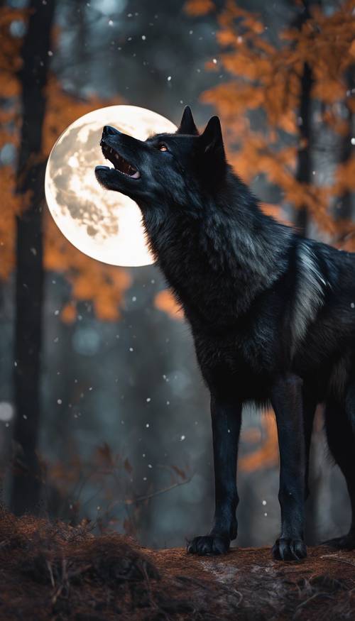 Un loup noir hurlant devant une lune rougeoyante dans une forêt dense.