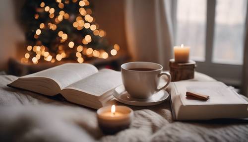 Cantinho aconchegante de Natal com livro de leitura e chá quente em interior minimalista