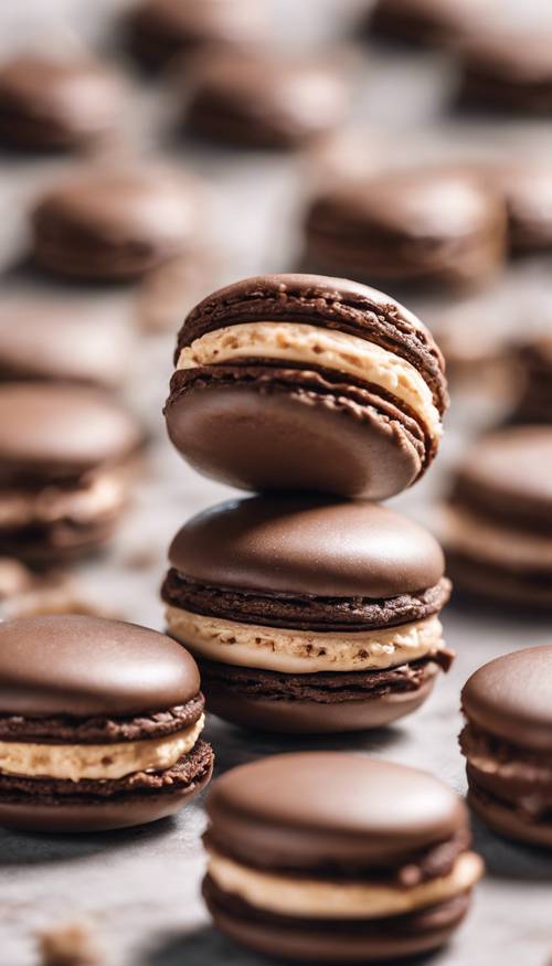 A chocolate macaron perfectly divided in half to highlight its creamy filling.