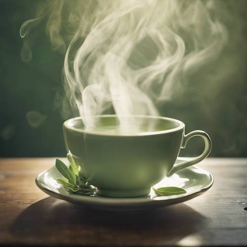 Крупный план: чашка зеленого чая в шалфейной фарфоровой кружке, над ней кружится пар.