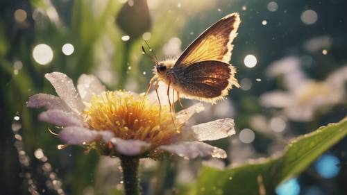 Yemyeşil bir bahçede çiçekten çiğle öpülmüş çiçeğe doğru uçuşan, minik ve ışıkla parıldayan dost canlısı bir bahçe perisi.