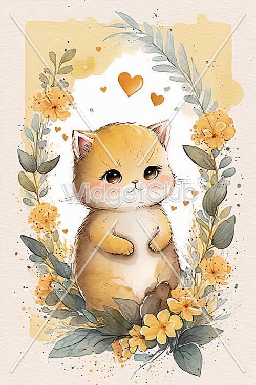 かわいいオレンジ猫と花とハートの壁紙