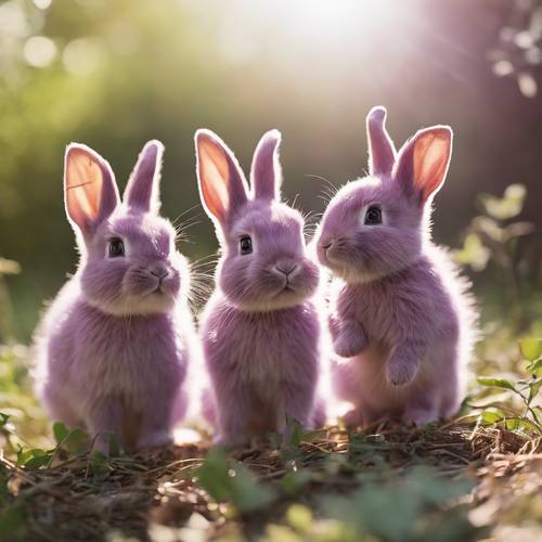 Três curiosos coelhinhos roxos explorando seus arredores em uma manhã ensolarada de primavera.