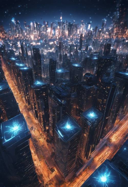 منظر مدينة مستقبلي مضاء تحت وهج نجمة زرقاء داكنة مشعة.