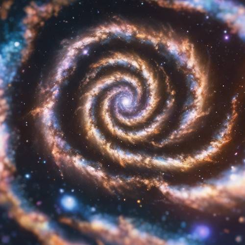 A multicolored image of a spiral galaxy with two prominent arms stretching outwards.