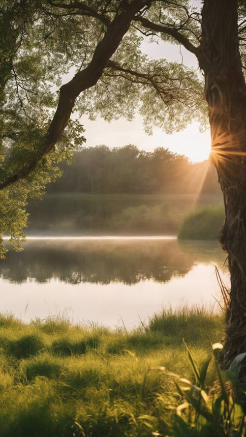 Ein wunderschöner Sonnenaufgang, der sich in einem ruhigen See spiegelt, umgeben von üppigen grünen Wiesen.