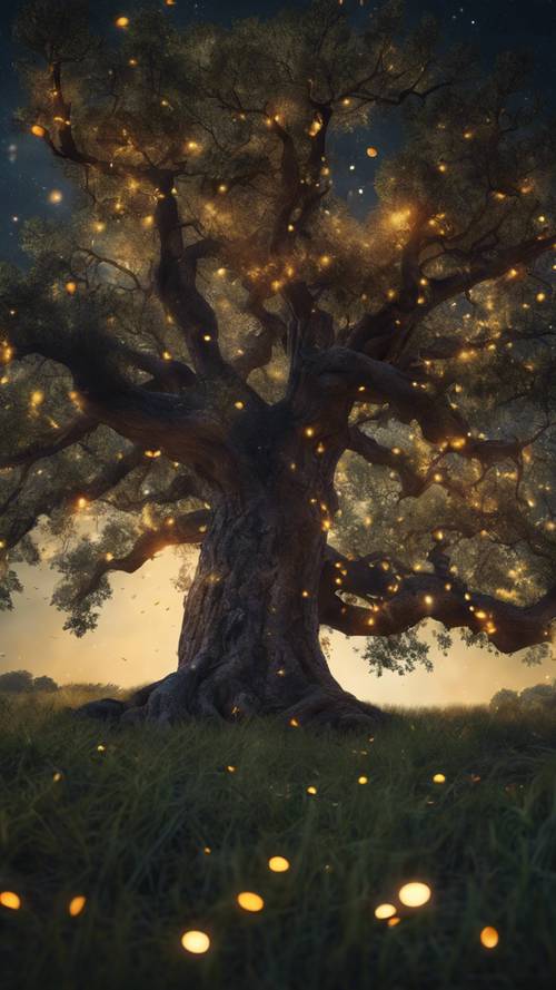 A swarm of glowing fireflies flitting around an ancient oak tree under the moonlight.