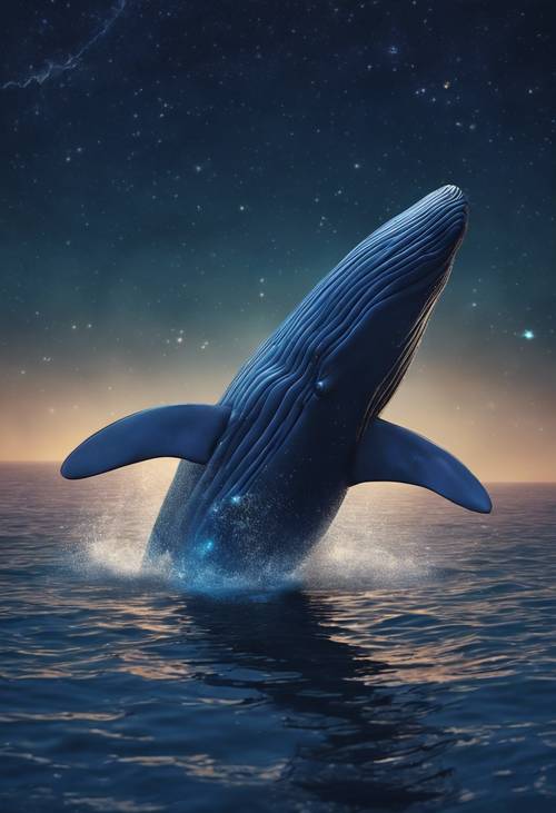 Uma ilustração etérea de uma baleia azul brilhante navegando no mar noturno sob um céu estrelado.