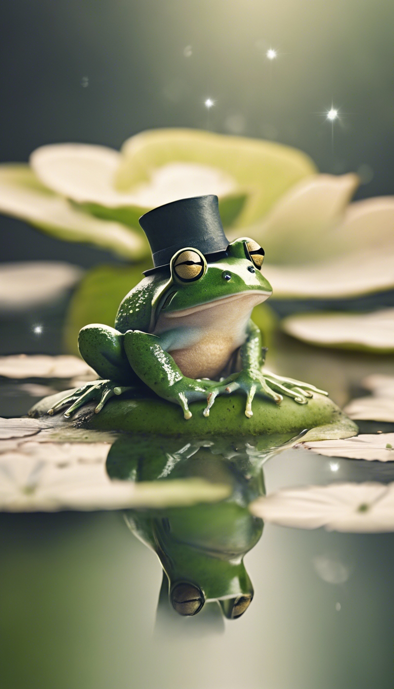 A vintage-style illustration of a small frog in a hat, sitting on a lily pad in a peaceful pond. Tapet[de35ee3bc962466db563]