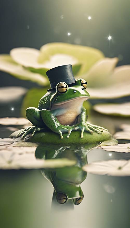 모자를 쓴 작은 개구리가 평화로운 연못의 수련 잎 위에 앉아 있는 빈티지 스타일의 그림입니다. 벽지 [de35ee3bc962466db563]