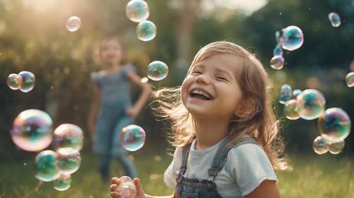 An adorable girl, laughing merrily as she plays with bubbles under an azure sky.