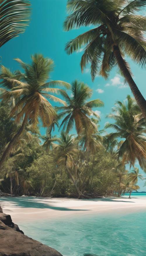 A luscious tropical beach with crystal clear turquoise water lapping against the shore, framed by towering palm trees.