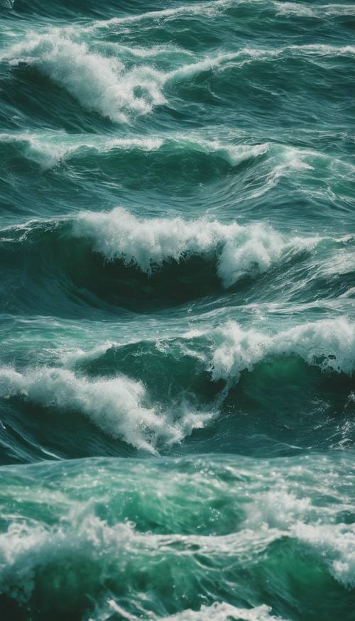 Темно-зеленое акварельное изображение океанских волн.