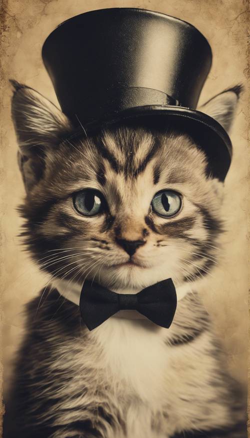 A vintage aesthetic poster of a kitten with a monocle and a top hat, cracked with laughter.