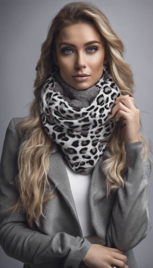 Модница одета в шикарный серый шарф с гепардовым принтом, ее лицо наполовину скрыто плюшевым материалом.
