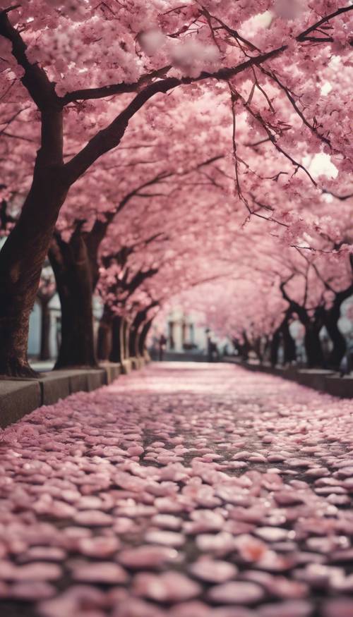 Un árbol de Sakura que irradia un tono rosado, con pétalos que llueven suavemente por un camino adoquinado