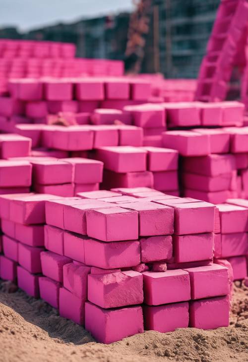 Uma pilha de tijolos rosa choque empilhados ordenadamente em um canteiro de obras.