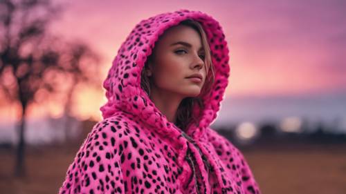 Сцена заката, на которой изображена девушка в праздничном розовом пончо с гепардовым принтом.