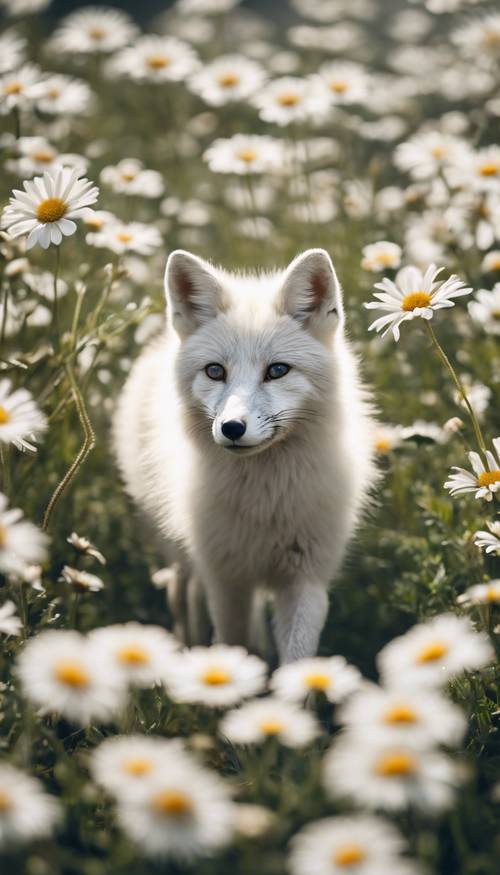 Una giocosa volpe bianca che saltella in un campo di margherite bianche in una giornata di sole.