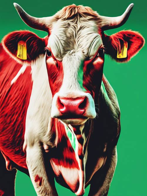 Nadruk krowy w stylu pop-art w palecie czerwieni i zieleni.