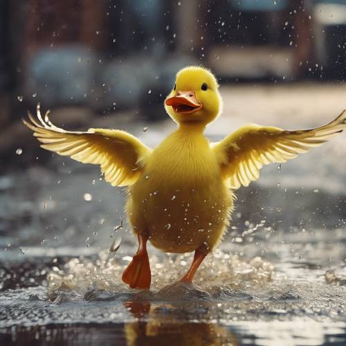 一场夏季大雨过后，一只快乐的黄鸭在水坑里玩耍。