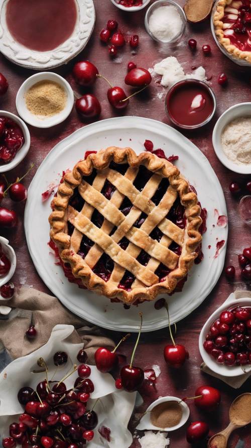 A deconstructed cherry pie, showing all ingredients separately in an overhead shot. Tapeta [5696925d85294510918f]