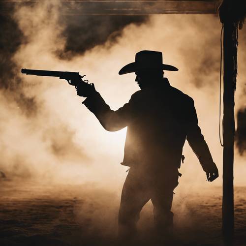The silhouette of a cowboy enveloped in the smoky discharge of his fired gun.
