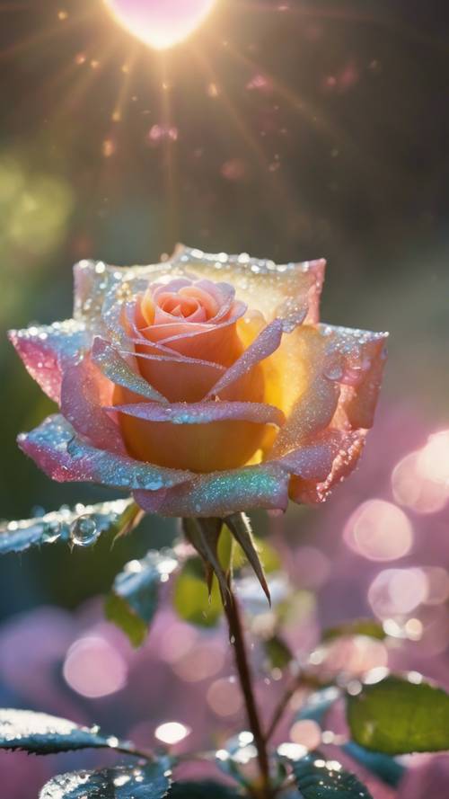 A close-up of a dew-kissed rose flower refracting a mini-rainbow on its petals during a sunny morning.