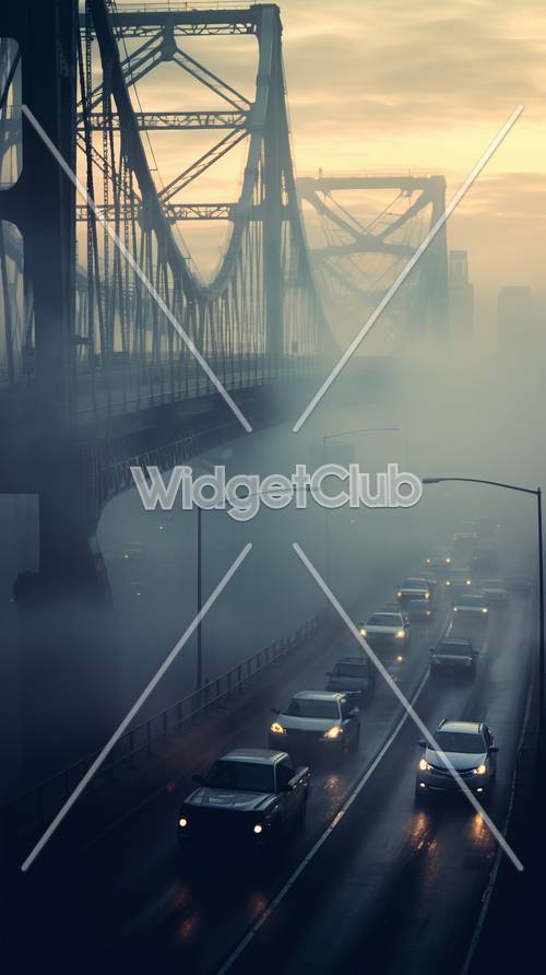 都会の橋で見る霧の朝景色