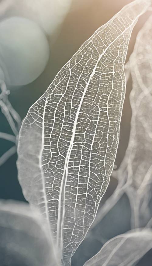 Representación artística de delicadas venas de hojas blancas bajo vista microscópica.