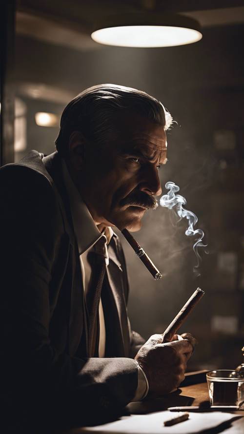 Una escena de art noir de un detective en una oficina con poca luz, fumando un cigarro.