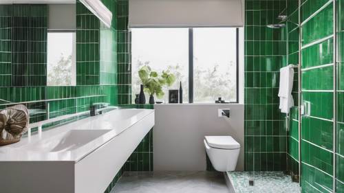 Phòng tắm tối giản và hiện đại với gạch lát màu xanh lá cây, đồ đạc màu trắng và góc tắm vòi sen kính không khung.